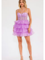 Sleeveless Applique Short Tiered Dress by Juliet JT923S