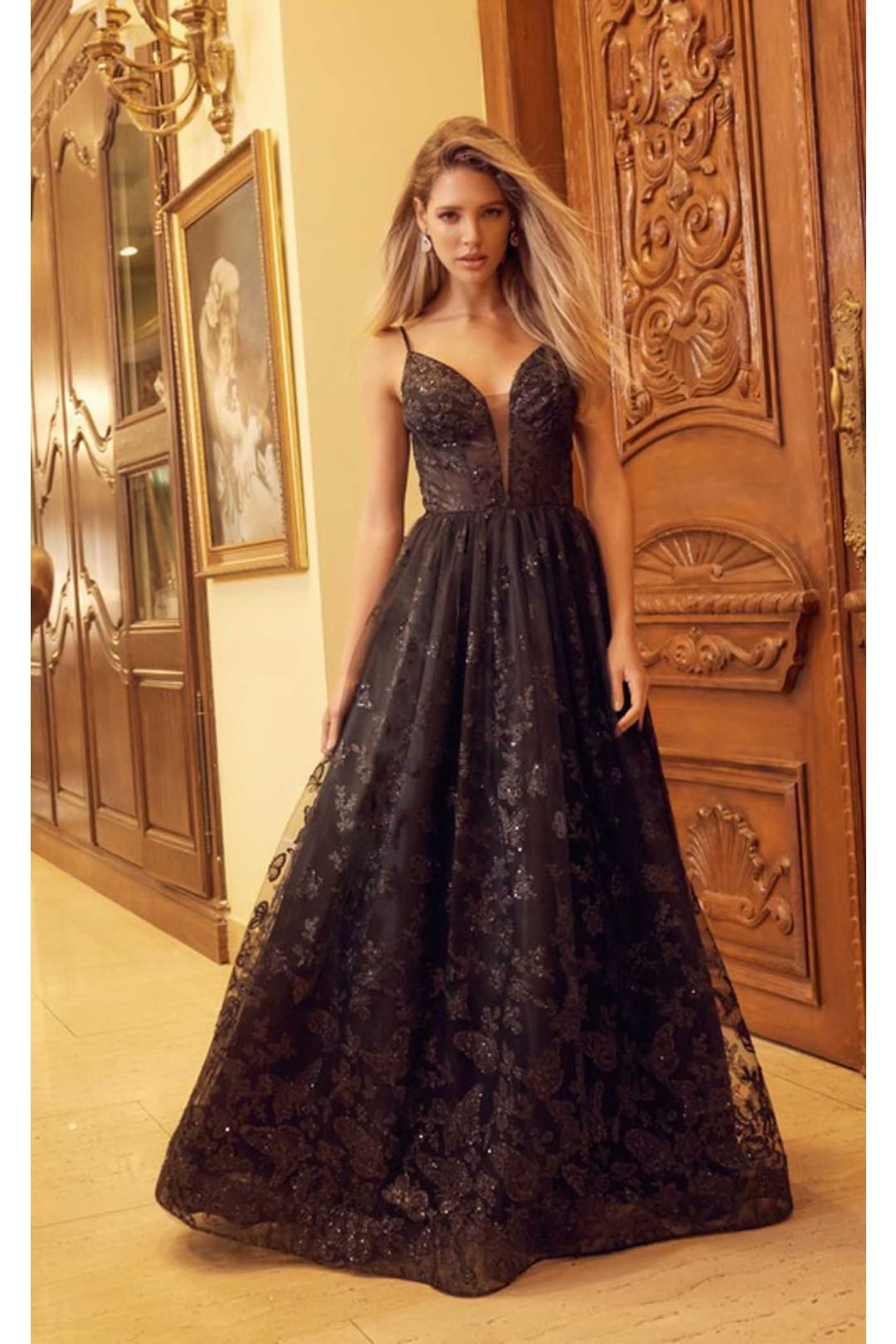 Sleeveless Glitter Butterfly Print Corset Gown by Juliet 2413 Sleeveless Glitter Butterfly Print Corset Gown by Juliet 2413