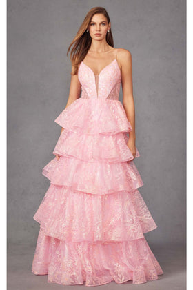 Sleeveless Glitter Print A-Line Tiered Gown by Juliet JT2438K