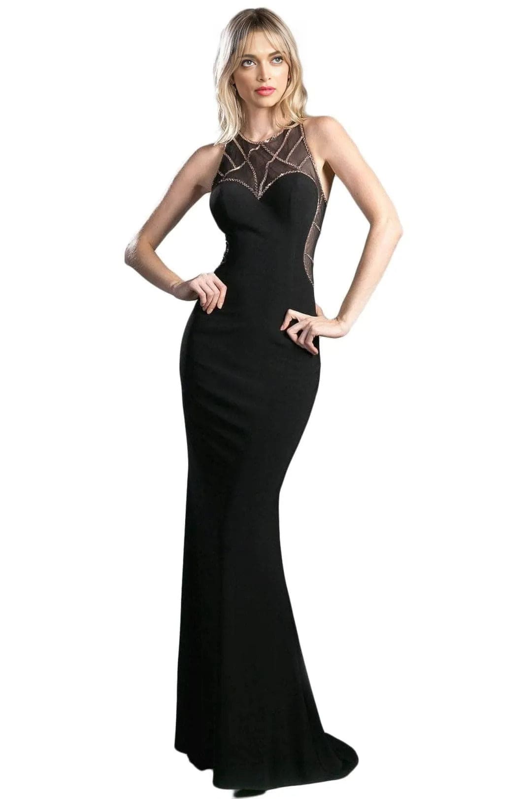 Sleeveless Illusion Beaded Sheath Gown 2025 Elegant Evening Dress - Black-Gold / XXS - Prom