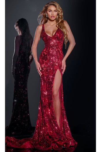 Sleeveless Long Sequin Prom Dress: Jovani 40755 - Burgundy / 00 - Apparel & Accessories > Clothing > Dresses