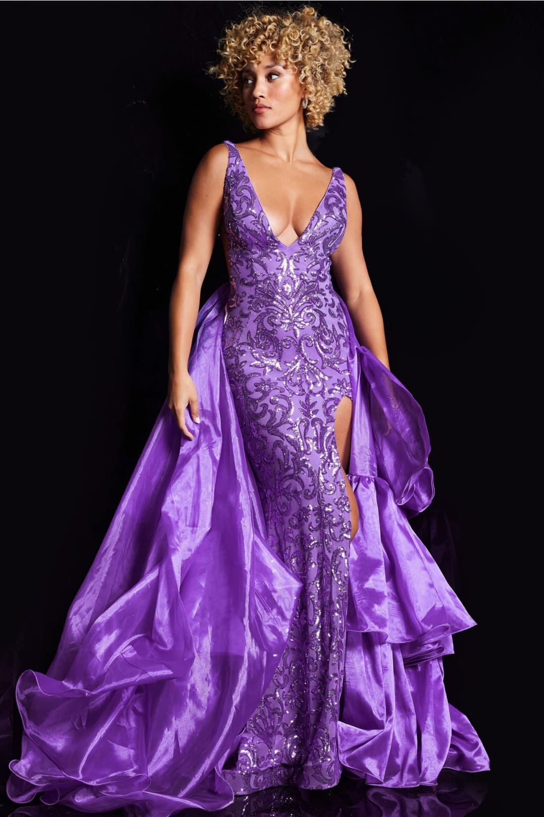 Sleeveless Ruffled Overskirt Slit Gown by Jovani 38336 - Long Formal Dresses