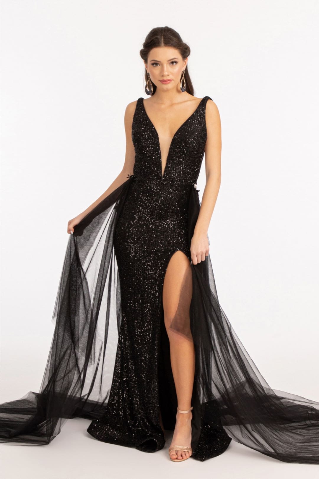 Sleeveless Sequin Overskirt Gown by Elizabeth K GL3057 - XS / Black - Long Formal Dresses