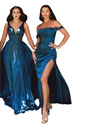 Soft Satin Dress 2025 Elegant V-Neck A-Line Evening Gown - French Navy / 2 - Prom