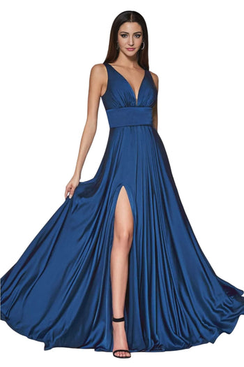 Soft Satin Dress 2025 Elegant V-Neck A-Line Evening Gown - Navy / 2 - Prom