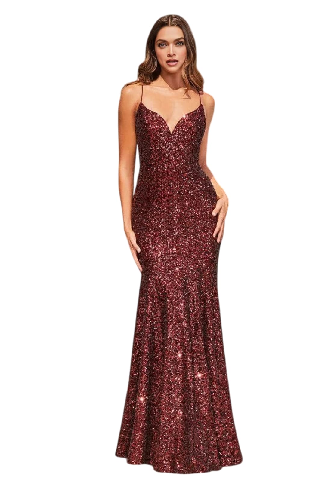 Spaghetti Strap Sequin Gown 2025 Glittering Evening Dress - Burgundy / XXS - Prom