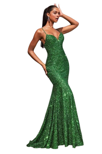 Spaghetti Strap Sequin Gown 2025 Glittering Evening Dress - Emerald / XXS - Prom