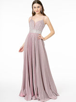 Elizabeth K GL2905 Long Pleated Jeweled Glitter Prom Dress