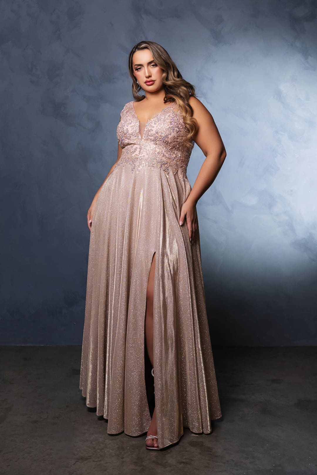 Special Occasion Dress High Split Plunging V-Neck By May Queen MQ2137 - ROSE GOLD / 8 - Dress