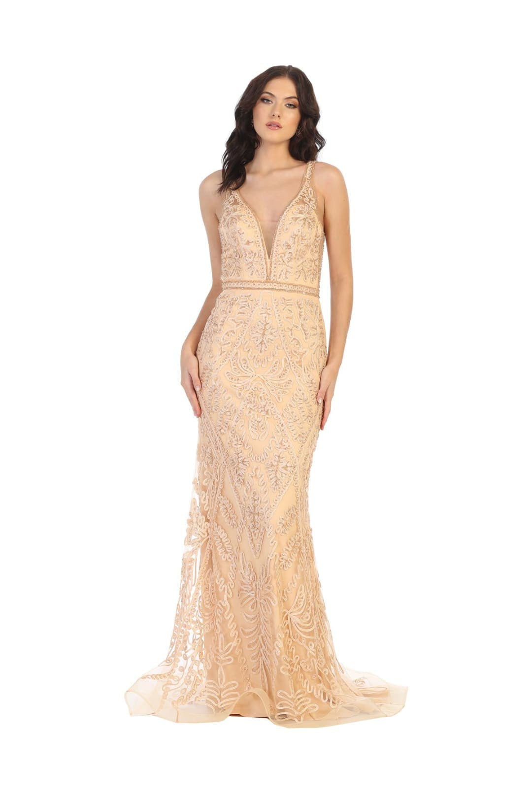 Special Occasion Embroidered Formal Gown - CHAMPAGNE / 6