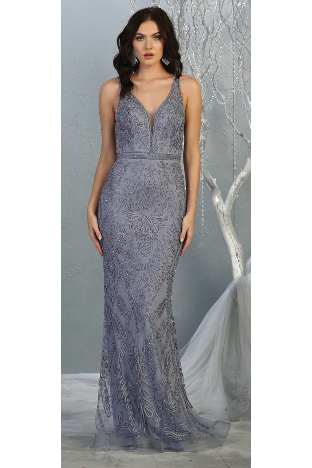 Special Occasion Embroidered Formal Gown - DUSTY BLUE / 6