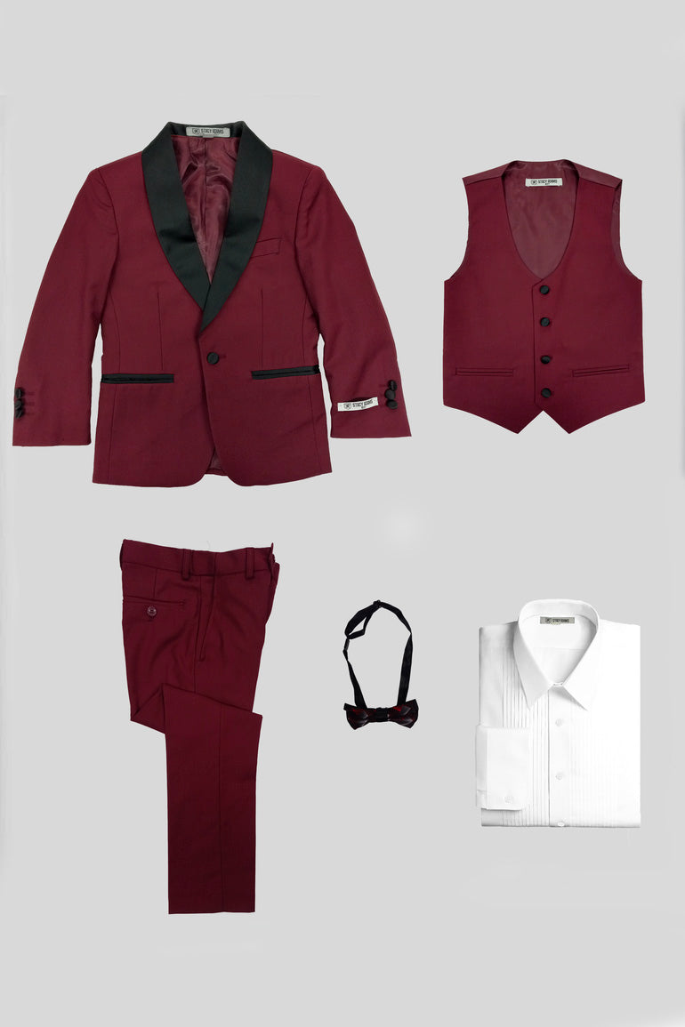 Conjunto de esmoquin burdeos para niños Stacy Adams "Hampton" de 5 piezas
