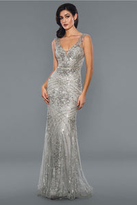Stella Couture 21048 Sleeveless Beaded Sheath Prom Evening Gown - SILVER / 12 - Dresses