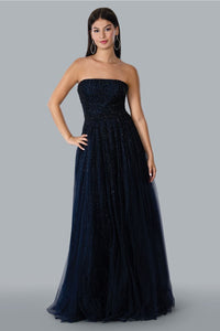 Stella Couture 22026 Strapless Embellished A-Line Prom Evening Gown - NAVY / 12 - Dresses