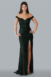 Stella Couture 23109 Off Shoulder Sequined Prom Evening Gown With Slit - GREEN / 2 - Dresses