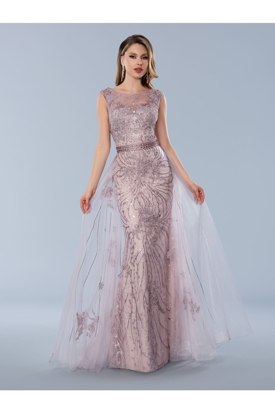 Stella Couture 23359 Long Formal Overskirt Prom Dress - Dusty Pink / 6 - Formal Dresses