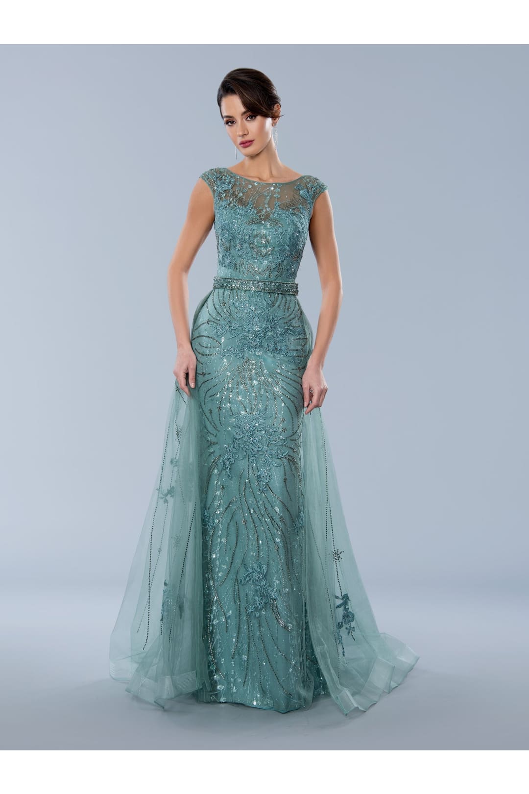 Stella Couture 23359 Long Formal Overskirt Prom Dress - Sage / 6 - Formal Dresses