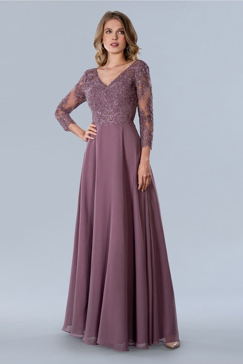 Stella Couture 23365 Long V-Neck Embroidered Evening Dress - MAUVE / 16 - Dresses