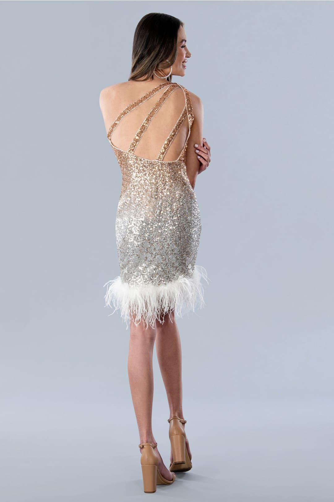 Stella Couture 23723 Fitted Short Ombre Homecoming Feather Sequin Dress - Cocktail Dresses