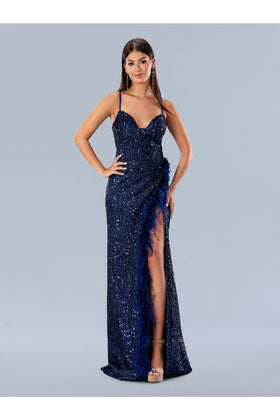 Stella Couture 24194 Long Formal Feather Prom Sequin Dress
