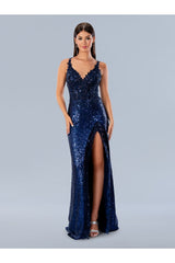 Prom Dresses Floral Applique Formal Long Sequin Prom Dress Navy