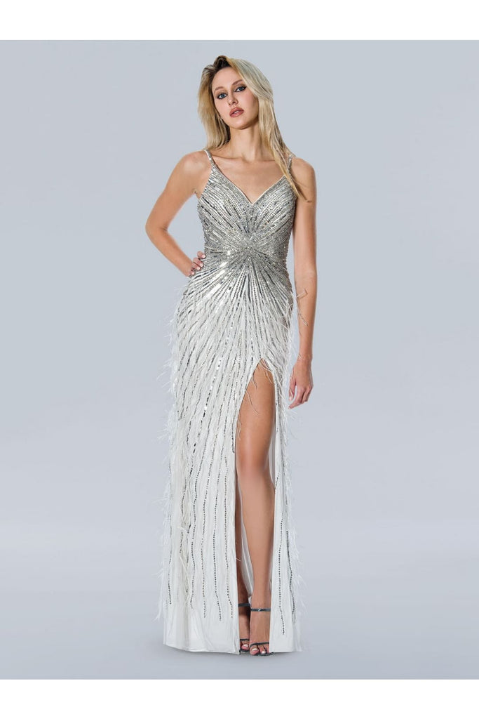 Prom Dresses Sequin Long Formal Feather Prom Dress Off White