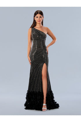 Stella Couture 24224 Long Fitted Formal Prom Feather Dress