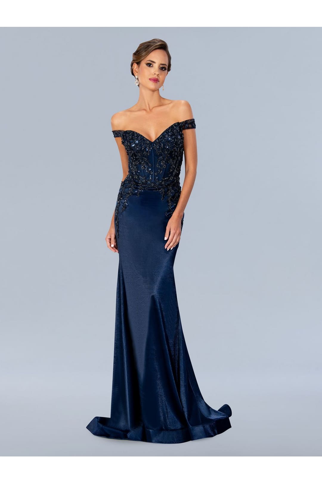 Formal Dresses Long Formal Floral Beaded Prom Dress Navy