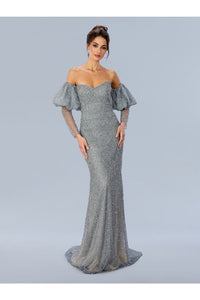 Formal Dresses Long Formal Detachable Sleeve Prom Dress Silver