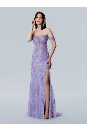 Stella Couture 25158 A Line Long Formal Floral Lace Applique Prom Dress
