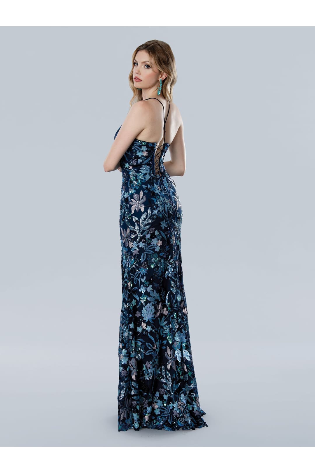 Prom Dresses Long Formal Sequin Floral Print Prom Dress Blue