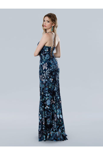 Prom Dresses Long Formal Sequin Floral Print Prom Dress Blue
