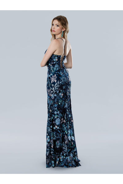 Prom Dresses Long Formal Sequin Floral Print Prom Dress Blue