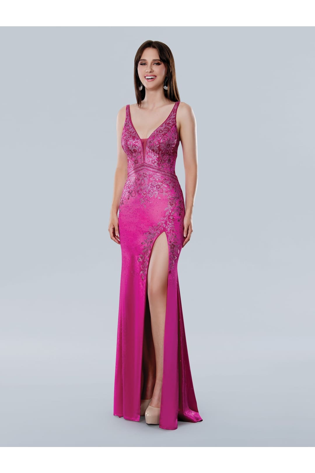 Prom Dresses Fitted Slit Long Formal Floral Prom Dress Fuchsia