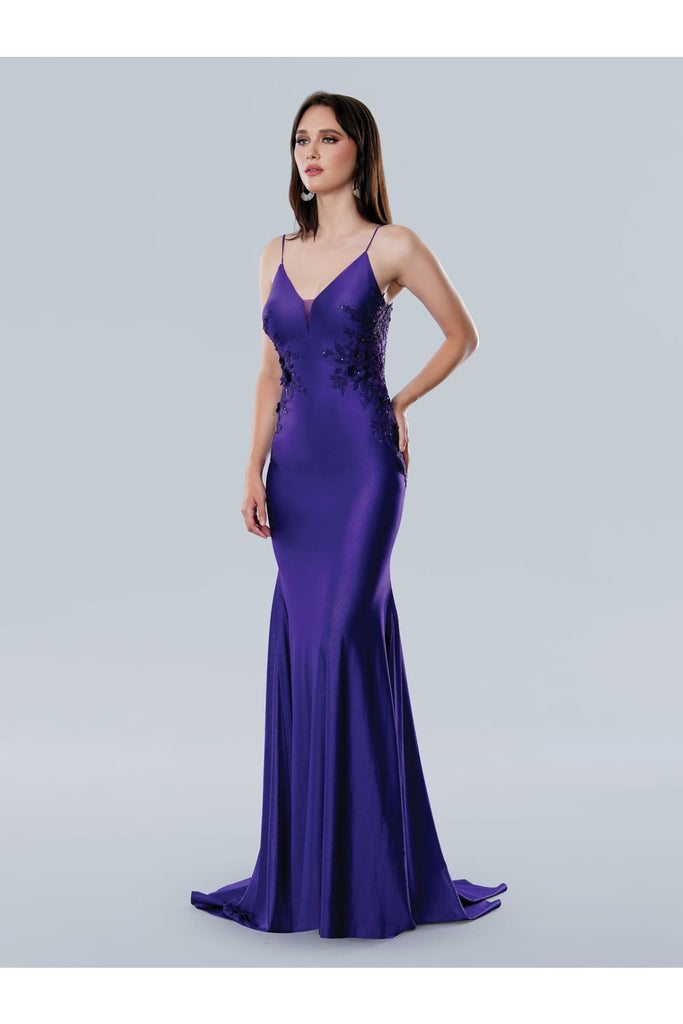 Prom Dresses Long Fitted Formal Floral Applique Prom Dress Purple