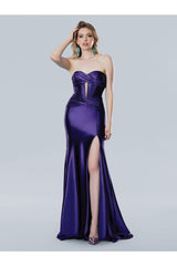 Prom Dresses Long Formal Slit Pleated Evening Dress  Purple