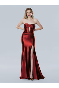 Prom Dresses Long Formal Slit Pleated Evening Dress  Red