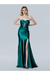Prom Dresses Long Formal Slit Pleated Evening Dress  Teal