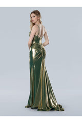 Prom Dresses Long Prom Slit Metallic Ruched Formal Dress Green