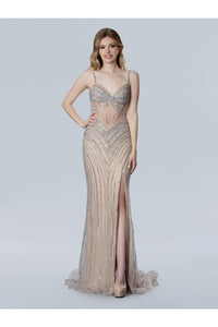 Prom Dresses Prom Long Formal Beaded Slit Evening Dress Nude