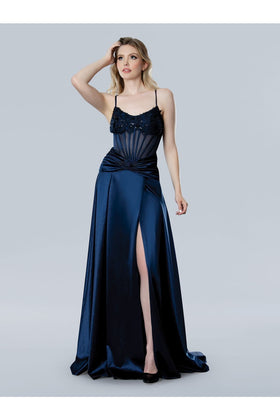 Stella Couture 25207 Long Evening Ruched Slit Formal Prom Dress