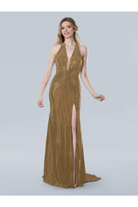 Prom Dresses Long Slit Fitted Formal Evening Prom Dress Gold