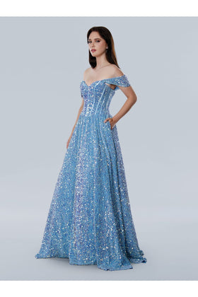 Stella Couture 25227 A Line Long Formal Sequin Prom Dress