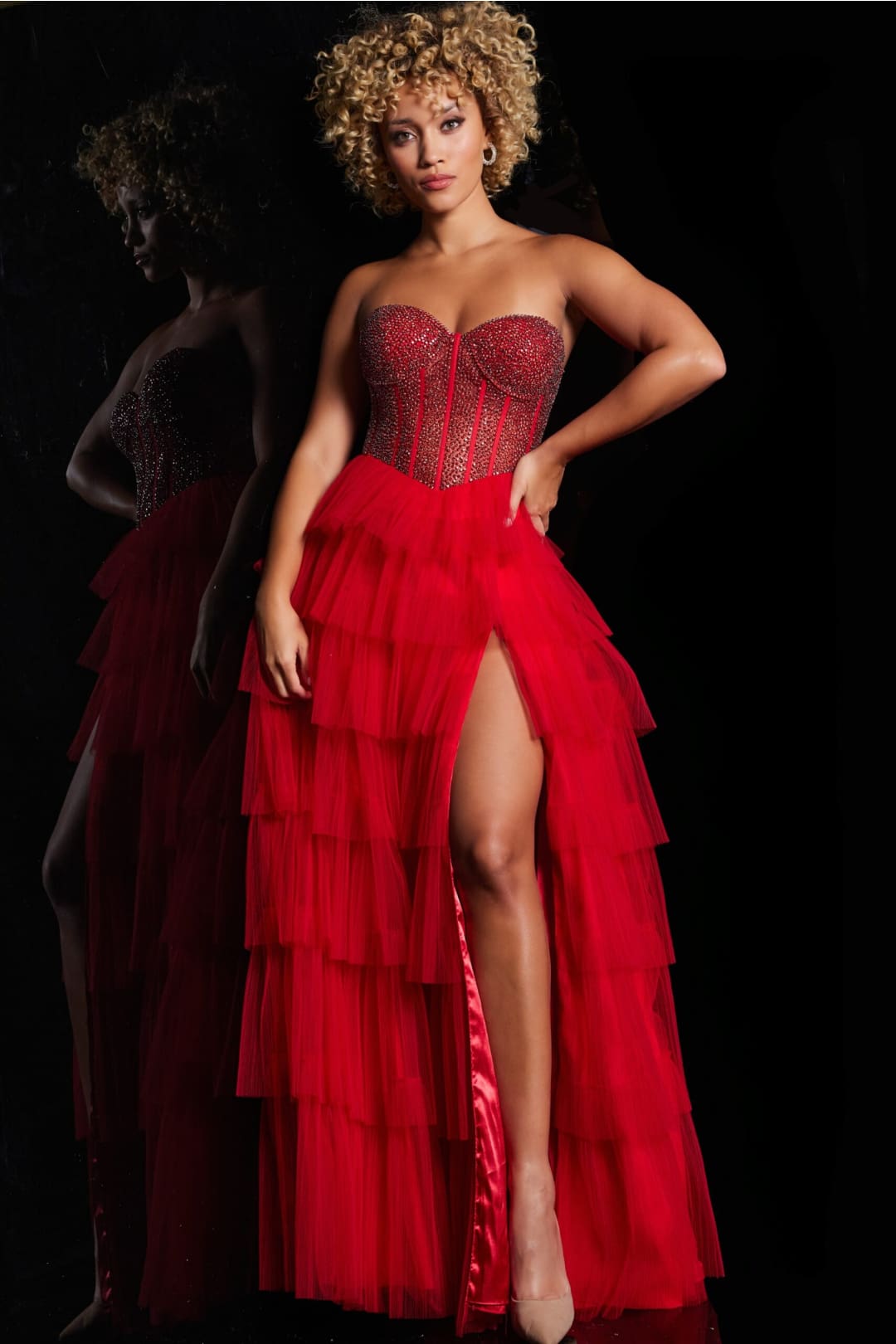 Strapless A-line Layered Slit Gown by Jovani 38090 - 00 / Red - Long Formal Dresses