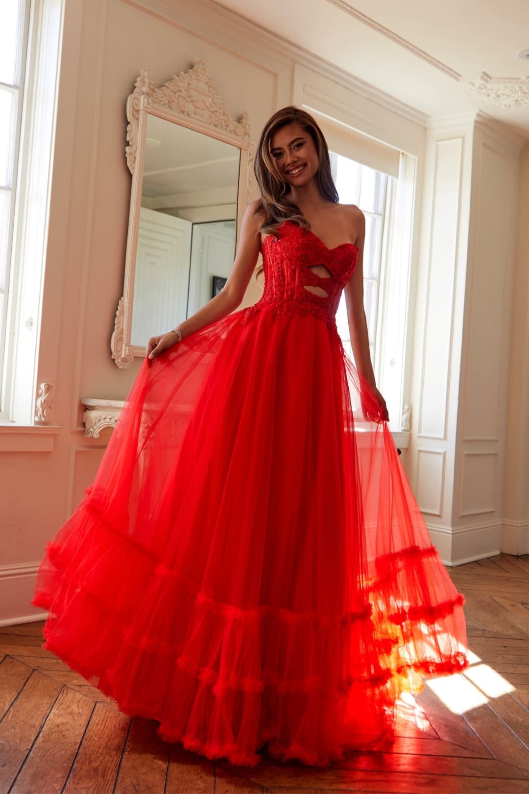 Strapless A-line Ruffled Gown by Juliet JT2561S - Red / 2 - Long Formal Dresses