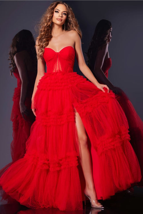 Strapless A-line Ruffled Slit Gown by Jovani 40466 - Long Formal Dresses