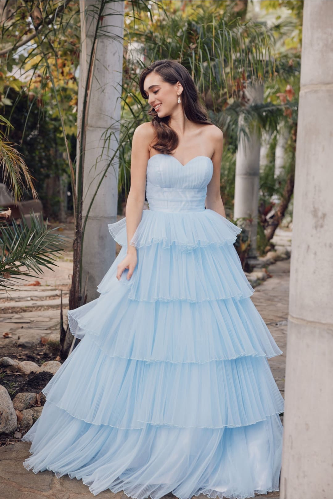 Strapless A-line Tiered Ruffled Gown by Juliet JT2452K - Ice Blue / XS - Long Formal Dresses