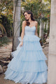 Strapless A-line Tiered Ruffled Gown by Juliet JT2452K - Ice Blue / XS - Long Formal Dresses