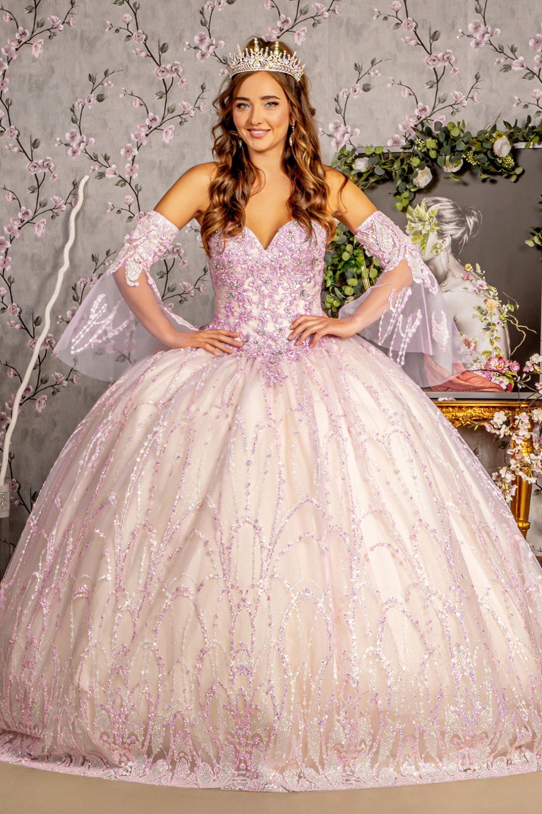 two tone dress Strapless Bell Sleeve Two-Tone Ball Gown by GLS Gloria GL3234 Lilac/Champagne / L contrasting ruffles on the collection:LUX26 Core Colors:Light Butter Princess Polly Graduation Dresses