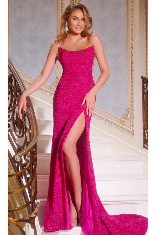 Strapless Long Glitter Prom Dress: Jovani 44427 - Fuchsia / 00 - Apparel & Accessories > Clothing > Dresses